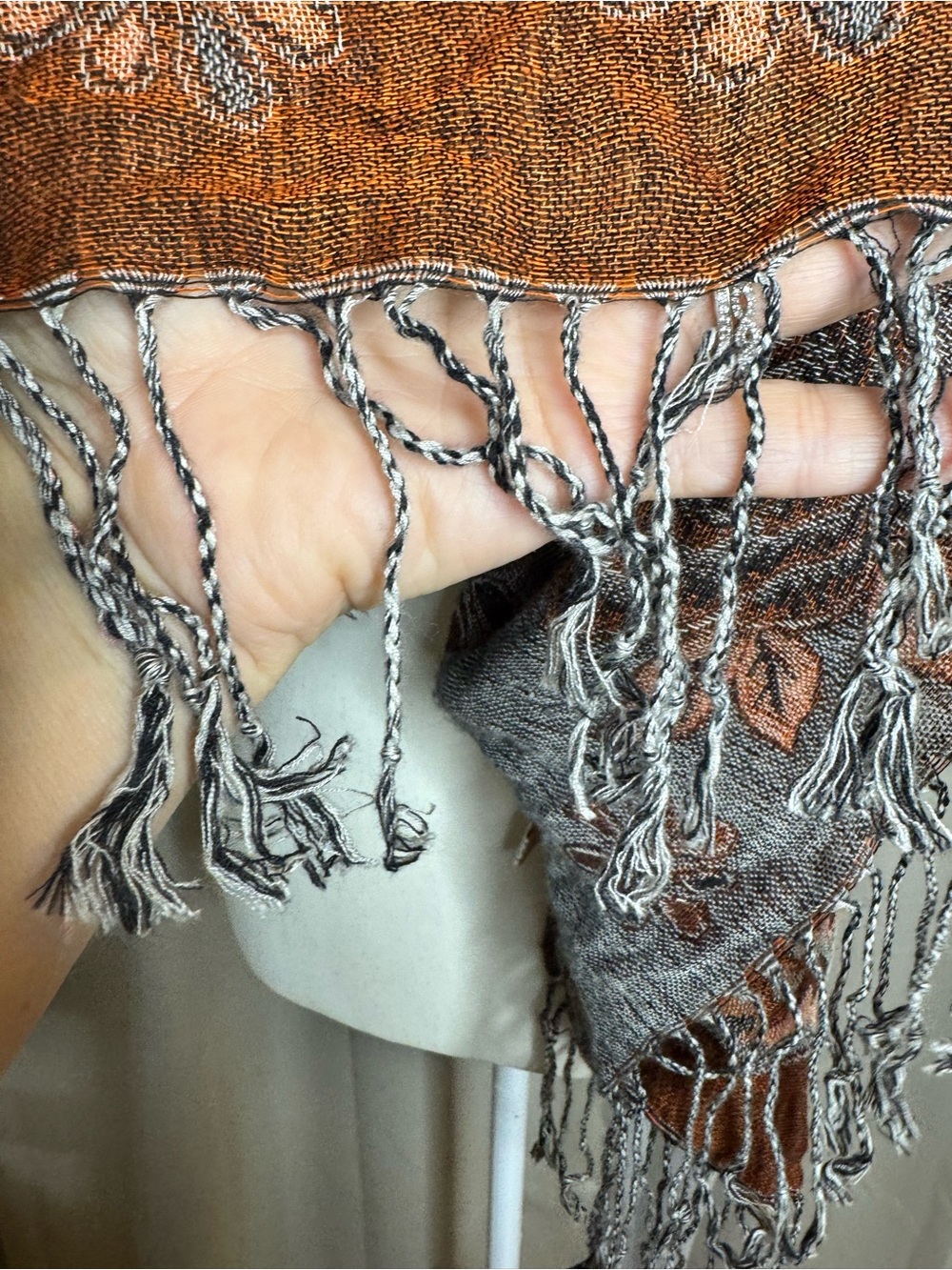 Reversible Floral Fringe Scarf Brown Gray Wrap Shawl 28x72 Boho - Picture 5 of 12